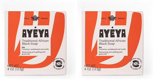 AYÉYA African Black Soap Bar – Joy – Cinnamon, Sandalwood & Vanilla – Warm Scented African Soap for Face & Body – Raw Shea Butter Bar for Dry Skin & Dark Spots (Pack of 2)