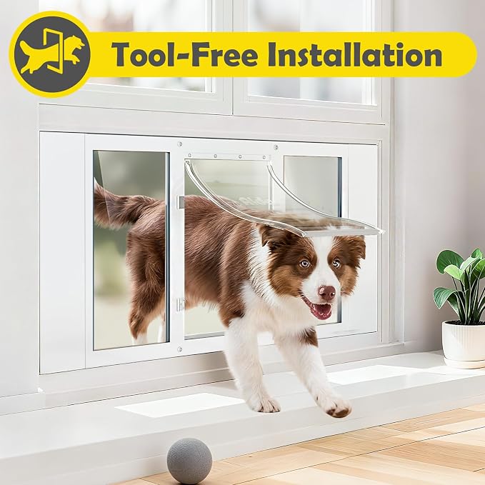 Dog Door for Window, Aluminum Frame Window Pet Door, Adjustable to Fit 33"-38" Width Sliding Windows, Magnetic Closure, Fits Dogs up to 100lb, Large-Plus