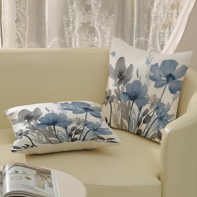 Spring Floral Pillow Covers 16x16 Inches Set of 2 Gray Blue Floral Throw Pillow Covers Outdoor Rustic Summer Flower Decoration Pillowcase Farmhouse Decorative Cushion Cover for Sofa Couch
