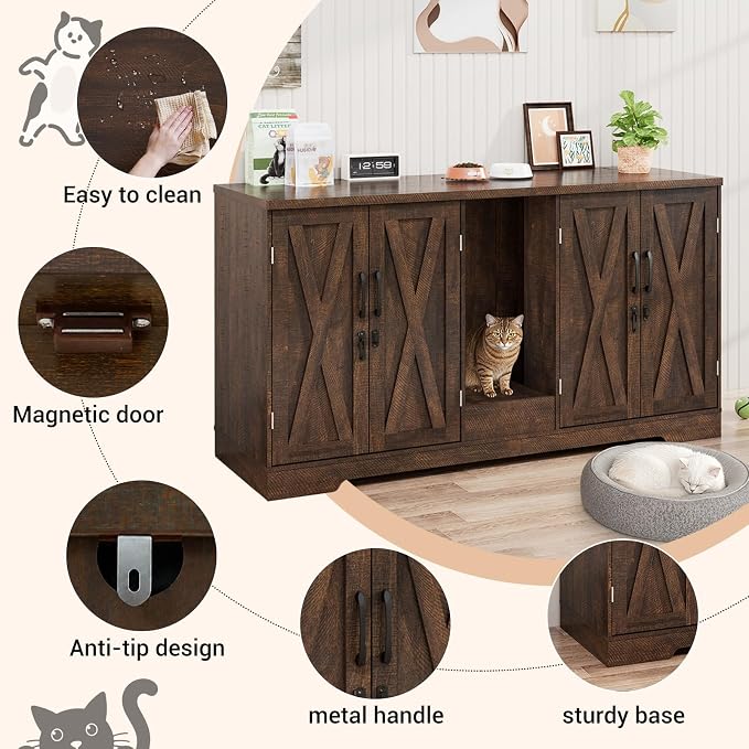 59.1" Cat Litter Box Enclosure for 2 Cats, Hidden Litter Box Furniture with Dog-Proof Lockable Door and Built-in Power Outlet, Litter Collector, Vent Openings, Anti-Tip Kit and Magnetic Door, Brown