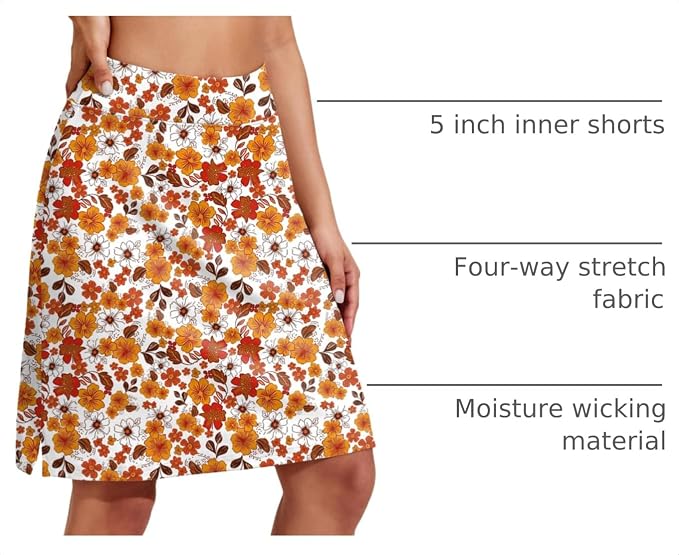 COOrun Women's 20" Knee Length Skirts High Waisted Golf Skorts with Pockets | Soft, Quick Dry, Split Hem, Built-in Shorts, A-line, Modest Skirts, for Golf Athletic Tennis Work Casual