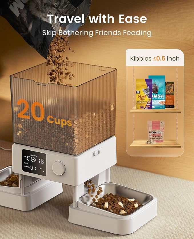 oneisall Automatic Cat Feeder for 2 Cats Pets, Timed Cat Food Dispenser | 20 Cups/5L, Prevent Fighting, Precise Portion, Balanced Dispense, Non-Slip & Stable, Voice Recorder, Stainless Steel Bowls