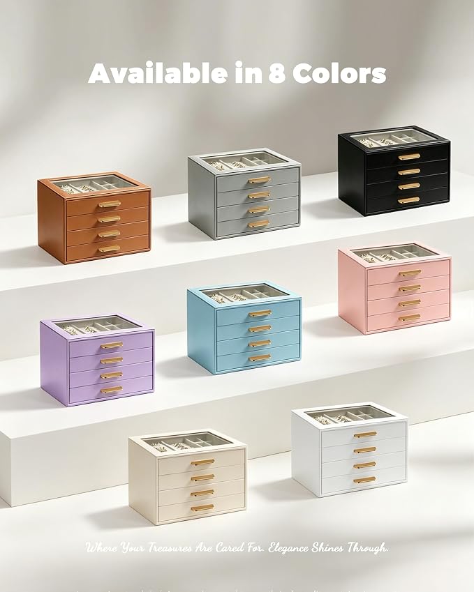Homeanda Jewelry Boxes Organizer with Glass Lid, 4-Layer PU Leather, White | Modern style display case with 4 drawers for daily jewelry, women, mom or girl gift