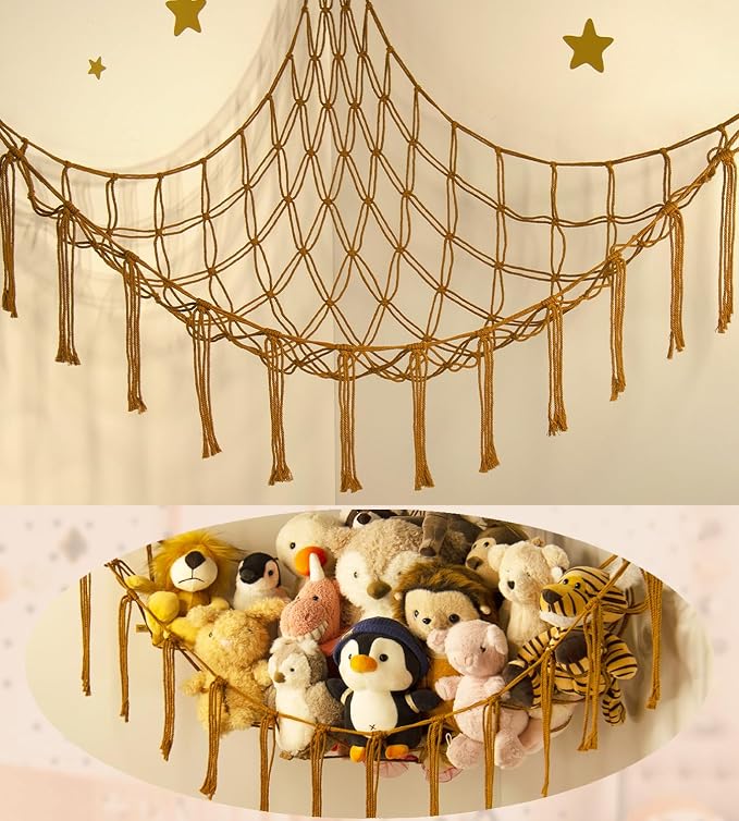 mirolam Stuffed Animal Hammock-Large Stuffed Animal Net For Toys Corner-Hanging Stuff Animal Toy Storage Organizer For Plush Plushie Display Caramel Toy Storage Girl Room Bedroom Boho Nursery Decor