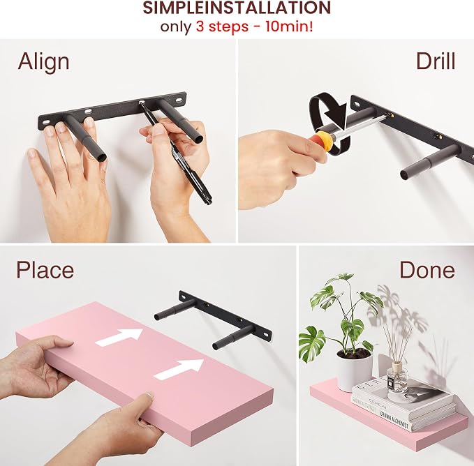 BAYKA Pink Floating Shelves 15.7in, Set of 3, Wall Mount Rustic Wood Shelf | 22lbs Max Load, Hidden Bracket, for Bathroom Bedroom Kitchen Display Storage Decor, Easy Install, Multi-Wall Compatible