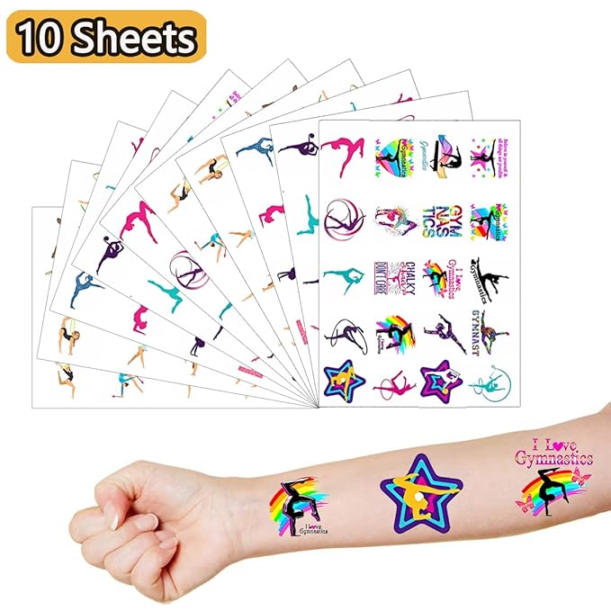 Gymnastic Temporary Tattoos Birthday Themed Party Supplies Decorations Favors 10 Sheets 200PCS Sport Decor Cute Stickers Class School Prizes Gift Kids Boys Girls Carnival Christmas Reward Multicolor