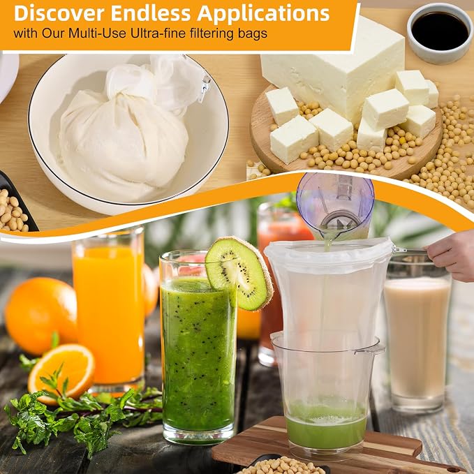5 Pcs Premium Ultra Fine Mesh Strainer Bags with Stainless Steel Handle, Reusable Nut Milk Bags, Cheese Cloths for Straining Juice, NutMilk, Coffee, Thai Tea, Yogurt and Soup (Large)