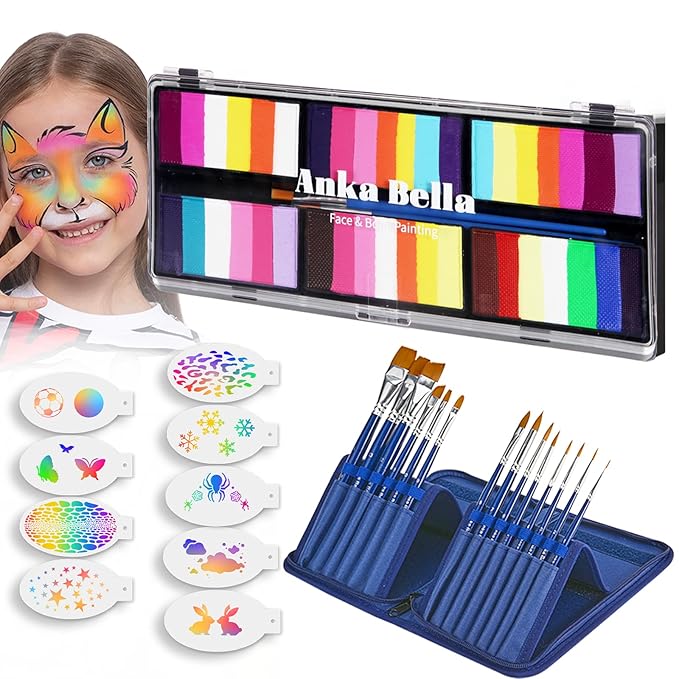 Anka Bella Professional Water Activated 6x30gm Face Paint for Kids & Adults,Washable Non toxic Rainbow Cake Face Painting Kit with Stencils & Brushes Ideal for Easter/Parties/Halloween/Carnival