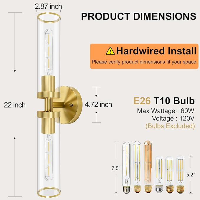 Gold Wall Sconces, Bathroom Sconces Vanity Light Fixtures with Clear Glass, Set of 2, Brushed Gold Sconces Wall Decor, for Living Room/Bathroom Corridor Mirror/Bedroom Hallway Stairwell