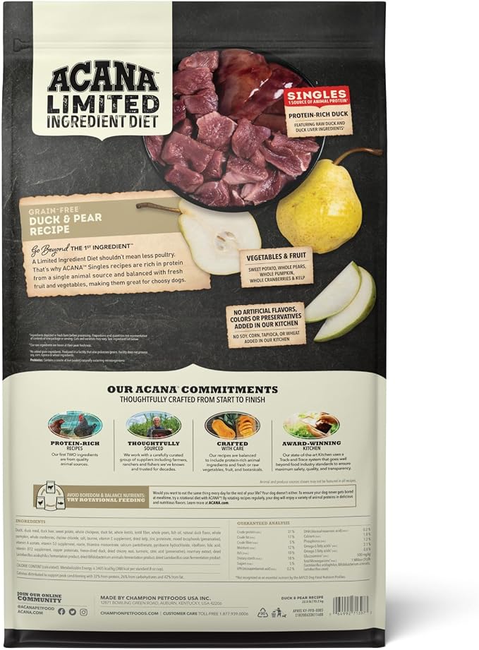 ACANA Singles Limited Ingredient Dry Dog Food Duck & Pear 22.5lb Bag | Grain Free, Made in the USA, Limited Ingredient, Global Quality Ingredients