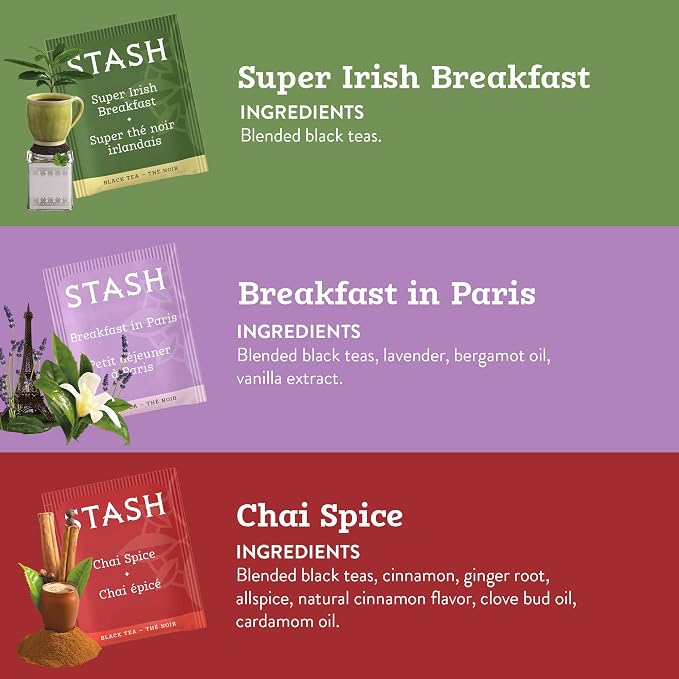 STASH Black Tea Variety Pack – Caffeinated, 6 Boxes of 18-20 Tea Bags Each – Orange Spice, Peach, Double Bergamot Earl Grey, Chai Spice, Super Irish Breakfast & Breakfast in Paris