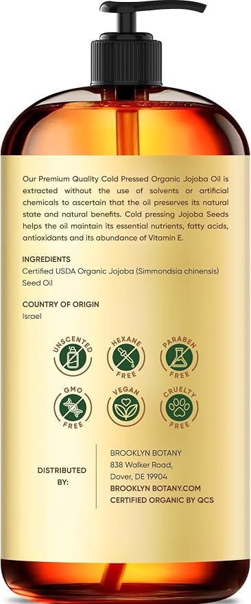 Brooklyn Botany Cold-Pressed Organic Jojoba Oil | 16 Fl Oz | Hair | Face | Body | 100% Pure and Natural | Carrier Oil | Aromatherapy | Massage | Ayurvedic Hair Care | Hexane-Free