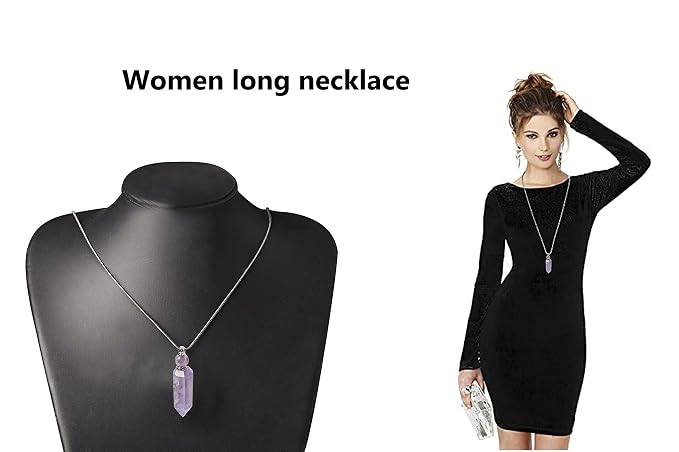 AMOYSTONE 1P Natural Amethyst Necklace Long Chain, Healing Oil Crystals Perfume Necklace Aromatherapy Bullet Shape Pendant Womens Gift