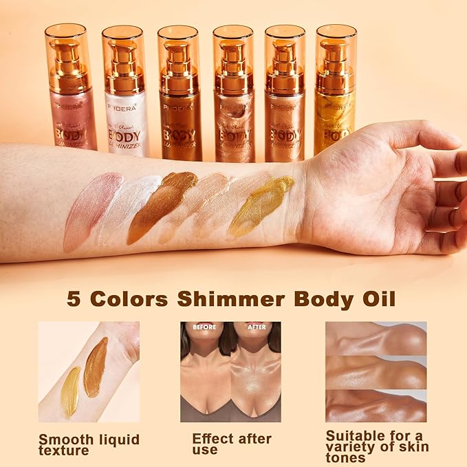 PHOERA Body Shimmer Oil,Bronzer Body Glow Highlighter Luminizer with Makup Bursh,Self Tanning Lotion,1oz/Jars (103 Glistening Bronze)