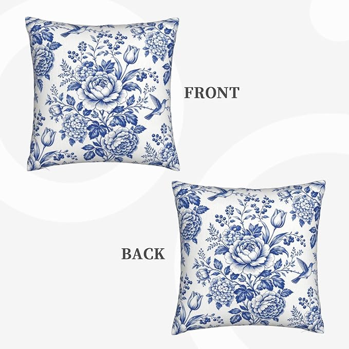 Blue White Chinoiserie Floral Throw Pillow Covers 18x18 Set of 2 Farmhouse Decorative Cushion Cases Home Decor
