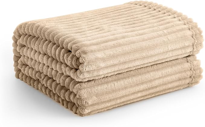 Vessia Flannel Fleece Throw Blanket for Couch,Sofa,Bed, 300GSM Striped Camel Blanket Throw for Adults and Kids, Super Soft Warm Cozy Lightweight Ribbed Light Brown Blanket for All-Season