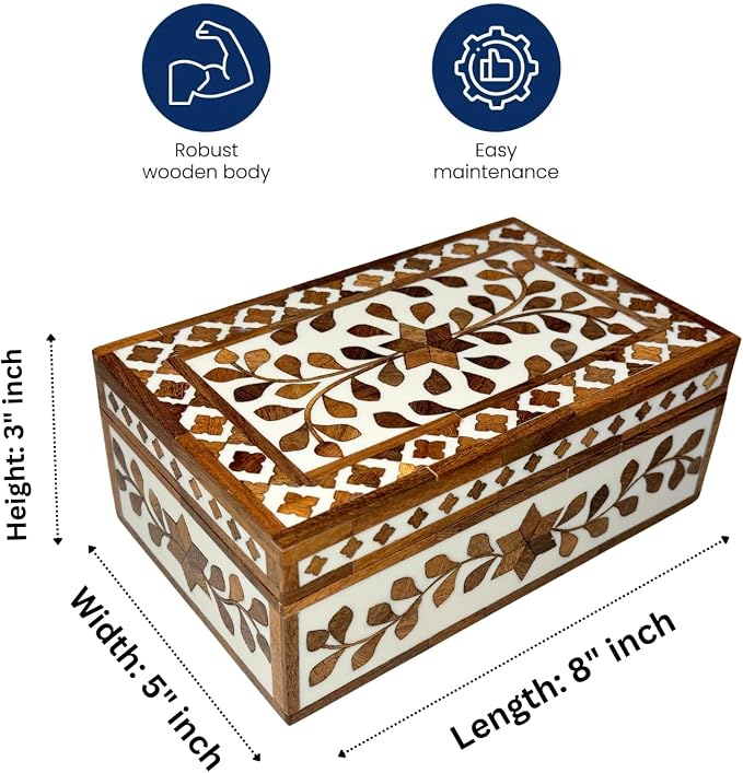 Perilla Home Home Decor Decorative Storage Wooden Box Small Floral Organizer Tool Stash Card Craft Treasure Trinket Memory Keepsake Jewelry Box for Men and Women, Gifts For All, Brown and Off White