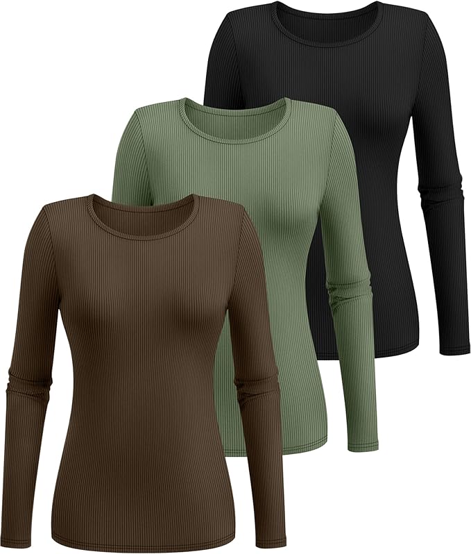 Ficerd 3 Pack Women's Ribbed Long Sleeve Tops, Crew Neck Slim Fit Undershirts Knit Basic Casual Stretch Layering Tee Shirts