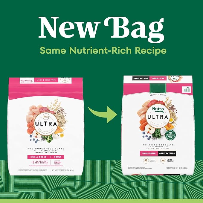 Nutro Ultra Small Breed Adult Dry Dog Food, Chicken, Lamb & Salmon, 12 lb | High-protein trio, Non-GMO, no corn, wheat, soy, 14 superfoods blend, Omega 3 & 6 fatty acids, essential antioxidants