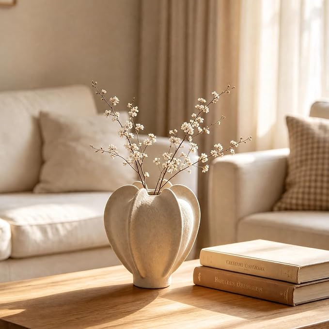 Ceramic Flower Vase Home Decor,5.9" Rustic Vintage Starfruit Shaped Beige Terracotta Vases，Modern Boho Living Room Farmhouse Table Vases Living Room Decor，Shelf Coffee Dining Desk Fireplace