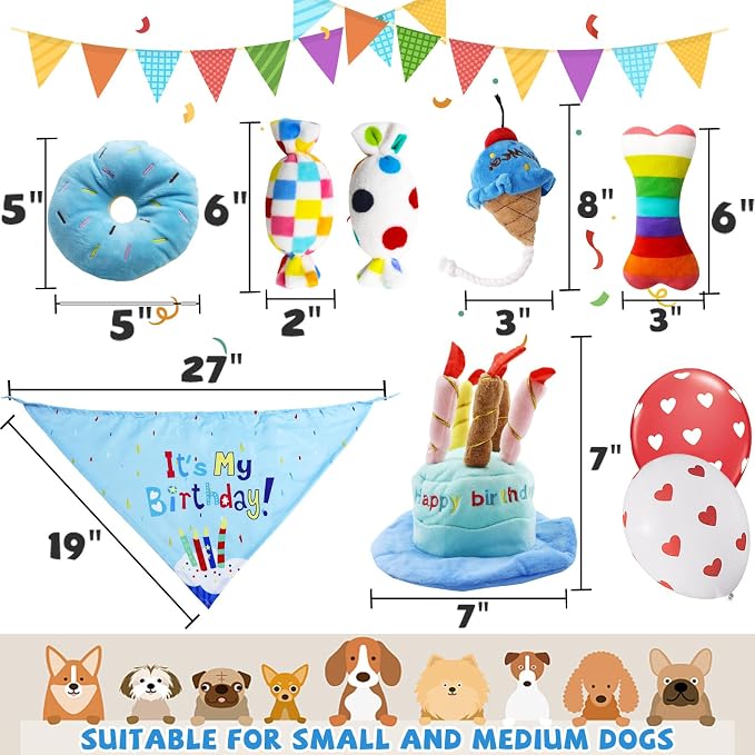 lilfrd 9Pcs Blue Dog Birthday Toy Set, Squeaky Hat Bandana Gift for Dogs