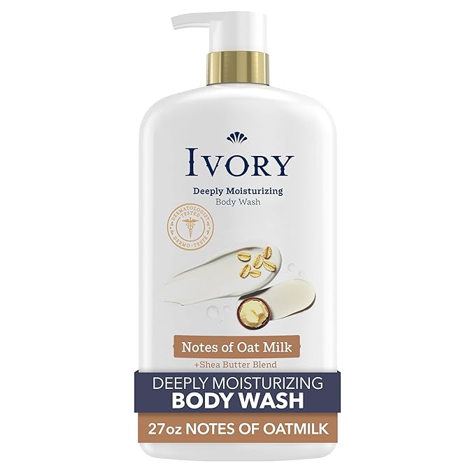 Ivory Body Wash, Deeply Moisturizing, 24hr Nourishing Hydration, Soothes Itchy Dry Skin, Made with Shea Butter Blend, Free of Dyes Heavy Perfumes Parabens & Phthalates, Oatmilk Scent, 27 oz
