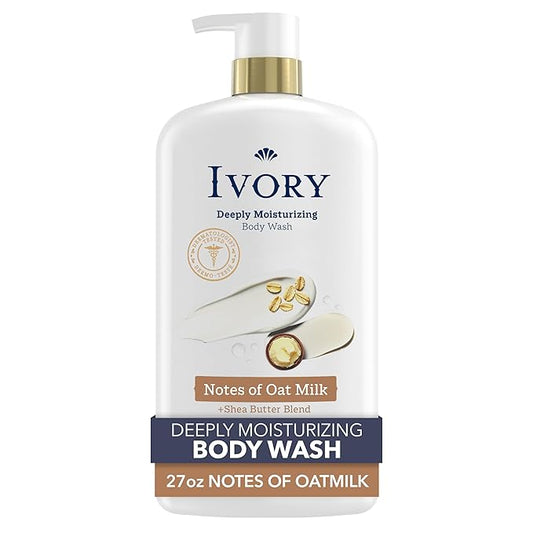Ivory Body Wash, Deeply Moisturizing, 24hr Nourishing Hydration, Soothes Itchy Dry Skin, Made with Shea Butter Blend, Free of Dyes Heavy Perfumes Parabens & Phthalates, Oatmilk Scent, 27 oz