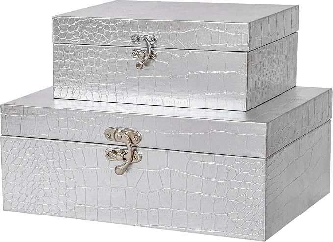 Set of 2 Wooden Decorative Nesting Storage Boxes, Silver Crocodile Leather with Clasp for Home Kitchen Living Room, Ideal Gift for Wedding Memories Jewelry Trinket