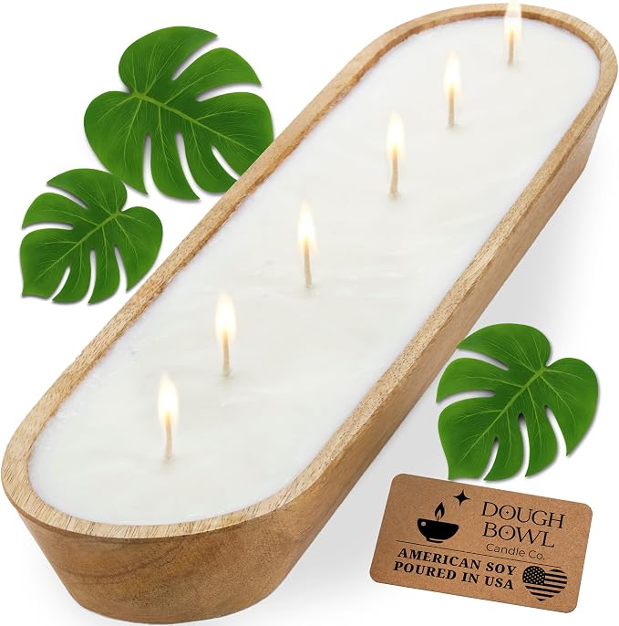 Dough Bowl Candle Co. Santal and Coconut Soy Candle - 6 Wick Rustic Farmhouse Coffee Table Decor, Odor Eliminator in Wooden Bowls, 32 Oz Wooden Dough Bowl Candle, All-Natural Gifts for Women and Men