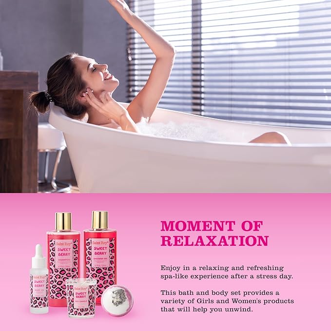 Mothers Day Gifts for Women, Bath and Body Gift Basket Set Home Bath Spa Gift Basket for Women Sweet Berry Bath Sets for Teens Gift Aromatherapy Home Spa Kit with Body Oil, Women's spa Kit Best Gifts