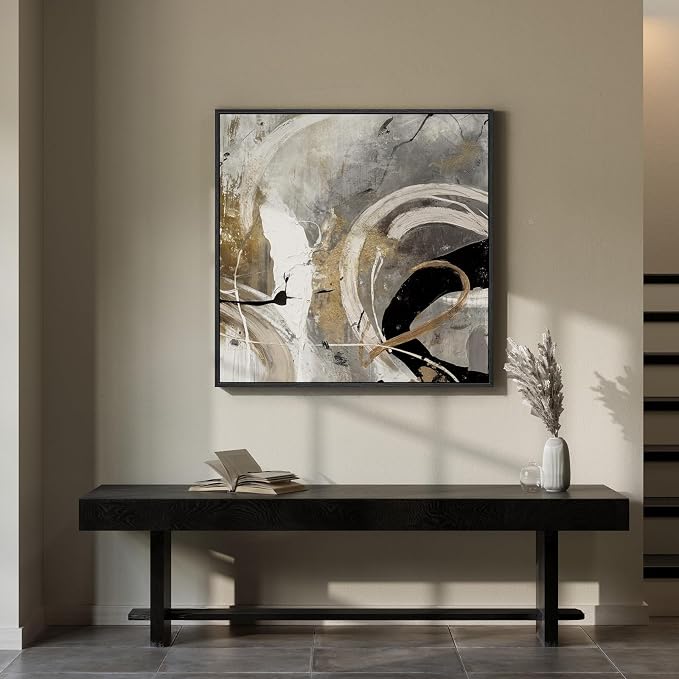 Framed Neutral Abstract Wall Art, Modern Gray Black Gold Canvas Prints Artwork for Walls, Contemporary Square Pictures for Living Room Bedroom Dining Room Hallway Office Wall Decor, 30x30 In