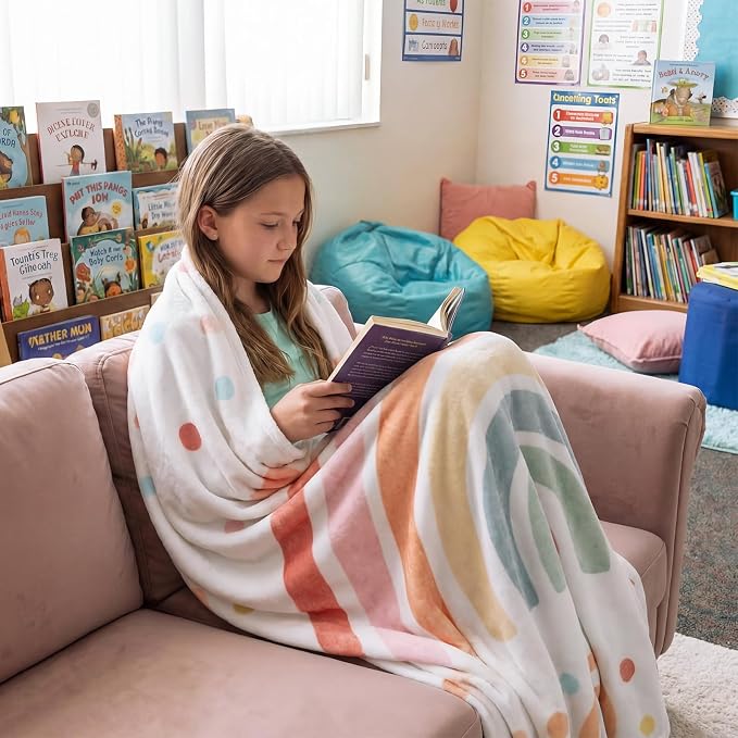 Back to School 50'' x 60'' Rainbow Read Throw Blanket Classroom | Reading Corner Decor Blanket Boho Let's Read Decor for School Reading Corner Supplies Playroom Bedroom Library