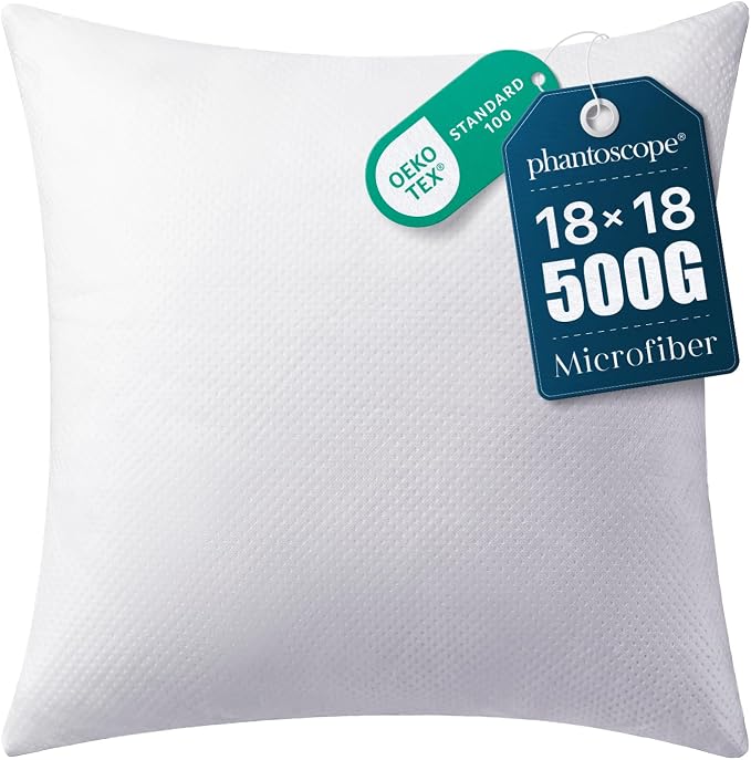 Phantoscope 18x18 Pillow Inserts, Throw Pillow Inserts for Couch, Pack of 1 | 100% Virgin Fiber Hypoallergenic Pillow Form, Soft Throw Pillow Inserts, Lightweight Throw Pillows for Couch Bed Pillows