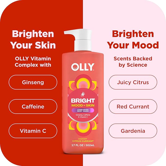 OLLY Bright Body Wash with Ginseng, Caffeine & Vitamin C– Nourishing Cleanser for Skin Barrier Repair, Deep Hydration, Citrus Currant Scent, 17 oz