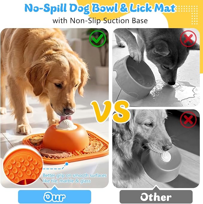 Slow Feeder Dog Bowls & Lick Mat for Liquid and Thick Treat, Anti-Slip Dog Lick Bowl with Interactive Rolling Ball, 5/6 Cup Pup Licking Toy for Large Medium Small Dogs and Cats Orange