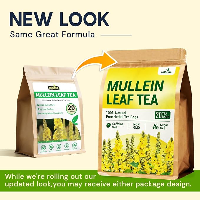 Mullein Leaf Tea Bags for Lung Support, 20 Tea Bags, Herbal Tea from Mullein Leaves, Caffeine Free, No Sugar