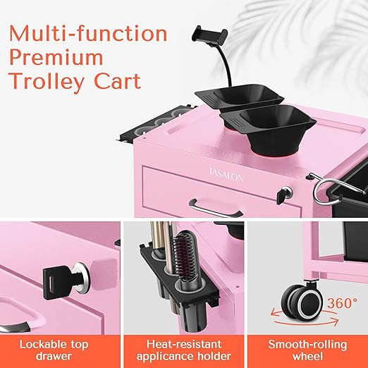 TASALON Salon Rolling Cart with 2 Magnetic Bowls - Space Saving Metal Trolley for Beauty, Tattoo & Hair Stylists, Multipurpose Salon Station Cart (Pink)