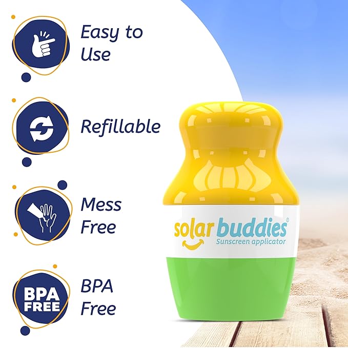Solar Buddies Sunscreen Applicator - Pink, Green, Blue - BPA-Free Refillable Roll on Sponge Sunscreen, Suncream & Lotion Applicator For Kids, Adults & Families - Holds 3.4fl oz, Perfect Travel Size