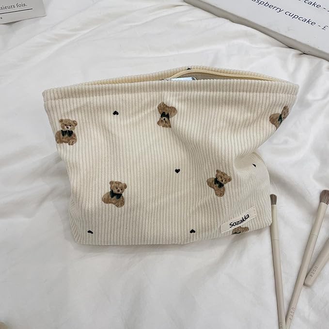 uekeboag 2Pcs Cute Small Soft Corduroy Zipper Makeup Bag for Purse, Coquette Aesthetic Pouch with Bear Pattern for Women Girls, Kawaii Travel Cosmetic Bags（Beige and Pink）