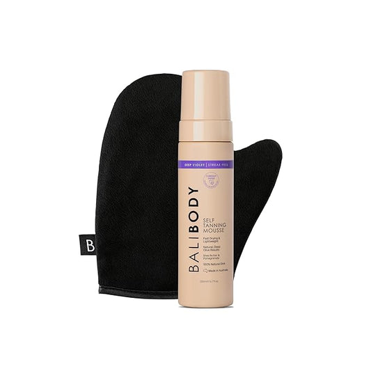 Bali Body Deep VioletSelf-Tanning Mousse + Mitt Bundle | Natural Looking Perfect Bronzed Shade | Streak-Free Green Based Tinted Self-Tanner + Reusable Stain-Free Tan Applicator | Vegan, Cruelty Free