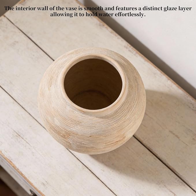 Rustic Ceramic Vintage Farmhouse Vase for Decor (Large Ribbed Beige) | Textured Vase Home Decor, 8.8 in Decorative Terracotta Round Bowl vase for Living Room, Table, Shelf, Kichen Décor