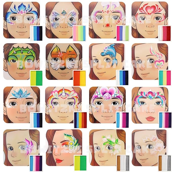 Bowitzki Face Paint 12x10 gm Professional Body Painting Kit For Kids Adults Stencil One Stroke Split Cake Non Toxic Rainbow Flora Dolphin Unicorn Flame Makeup Halloween Christmas Easter - Bright Set
