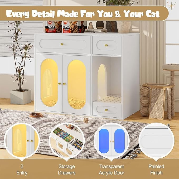Hidden Cat Litter Box Enclosure Furniture with LED Light, Modern Litter Box Cabinet with Drawers & Acrylic Door, Multi-Entry Cat House Sideboard for Living Room, 37.4"W x 15.6"D x 31.5"H,White
