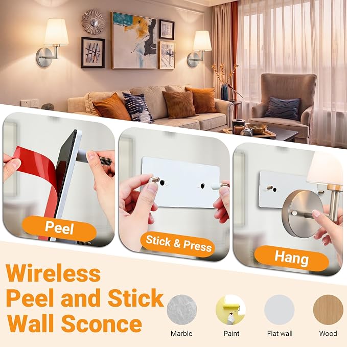 Nekhung Battery Operated Wall Sconce, Peel and Stick Sconces Set of 2 | Wireless Adhesive Stick On Wall Sconce, 10000mAh Rechargeable RGB Bulb with Remote, No Drill Wall Light for Bedroom Decor