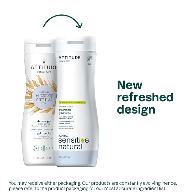ATTITUDE Body Wash for Sensitive Skin with Oat, EWG Verified, Dermatologically Tested, Vegan, Extra Gentle, Unscented, 16 Fl Oz (Pack of 2)