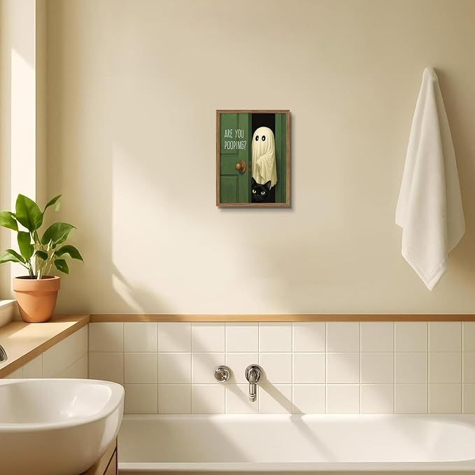 Funny Ghost Cat Halloween Bathroom Wall Art, Cute Ghost Bathroom Halloween Wall Decor Are You Pooping Picture, Vintage Framed Canvas Prints Funny Artwork for Restroom 8x10in Wood Frame