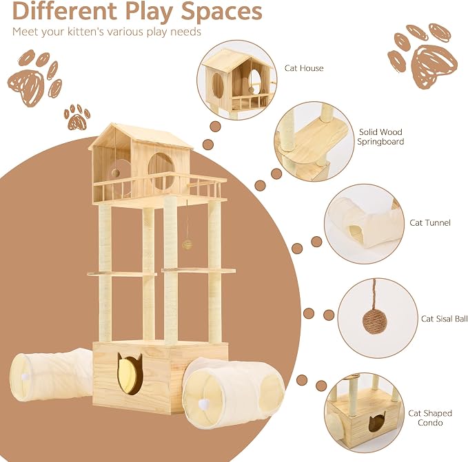 Wood Cat Tree with 2 Tunnels, 61''H Cat Tower for Adult Large Cats | Sturdy & Durable Pet Climbing Systems for Indoor, Multi-Level Wooden Tower with Scratching Posts, Runway, Burlywood
