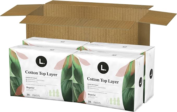 L. Ultra Thin Pads for Women, Regular Absorbency, Organic Cotton Top Layer, Unscented Pads with Wings,112 Count (Pack of 2)