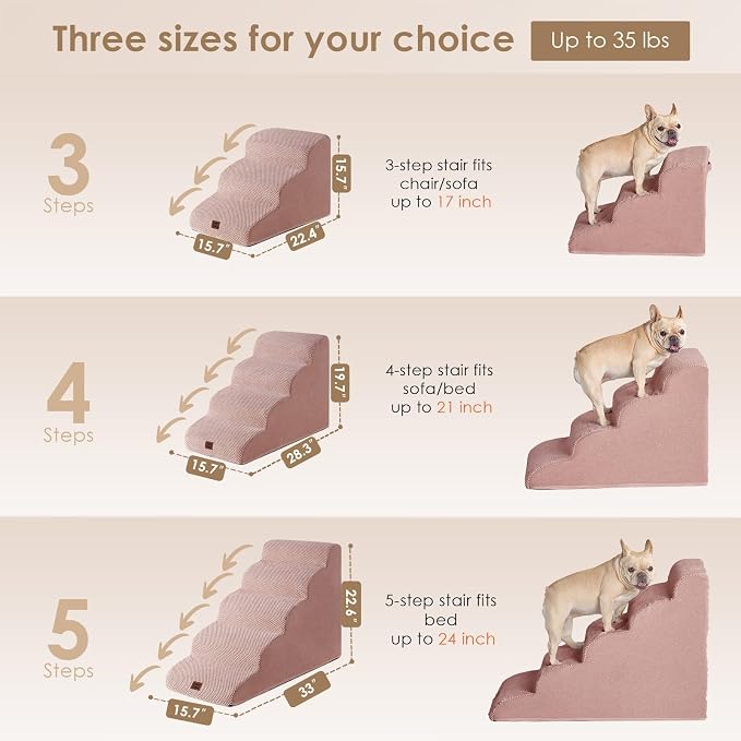 EHEYCIGA Curved Dog Stairs Ramp, 5-Step High Beds, 22.6" H Pet Step | 33D density of pure foam, for Small Dogs and Cats, Pet Stairs for High Bed Climbing, Non-Slip Balanced Indoor, Dusty Pink