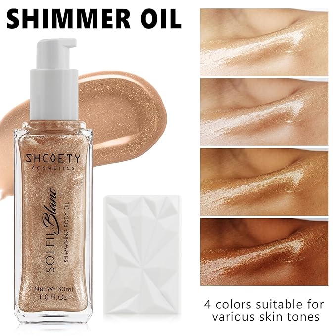 Shimmer Body Oil with Vitamin E, Body Glow Oil for Women, Long Lasting Waterproof & Moisturize for All Skin, Liquid Highlighter Makeup with Brush, Travel Size for Date, Wedding, Party, Rose Gold